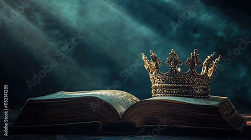 King crown sitting on an ancient opened book, with shadows casting an air of mystery and royalty.