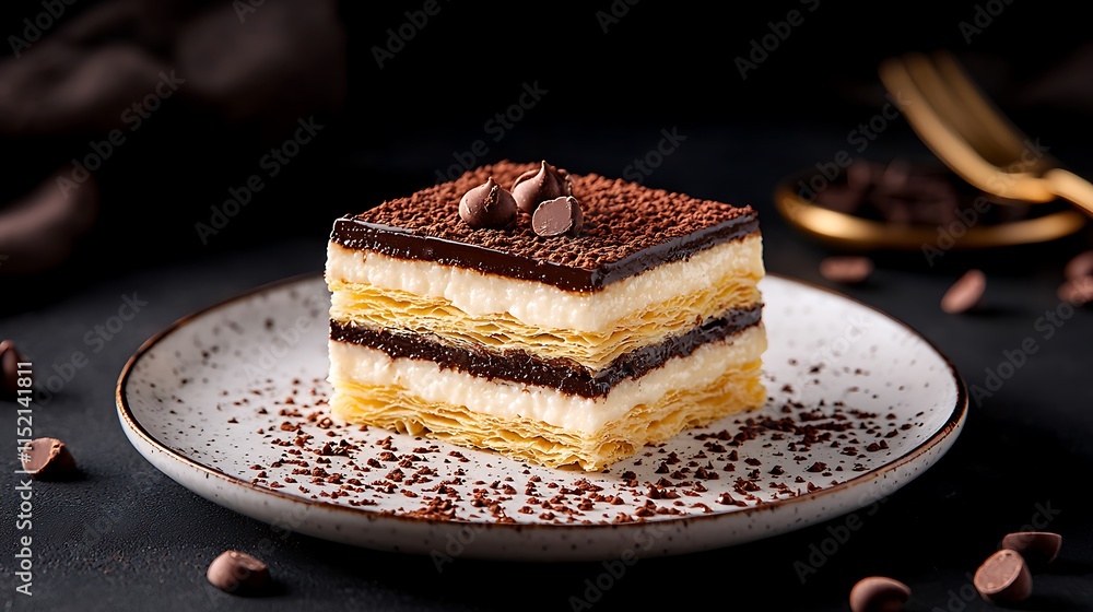 Delicious chocolate and cream layered dessert on a plate. Delicious chocolate and cream layered dessert on a plate.