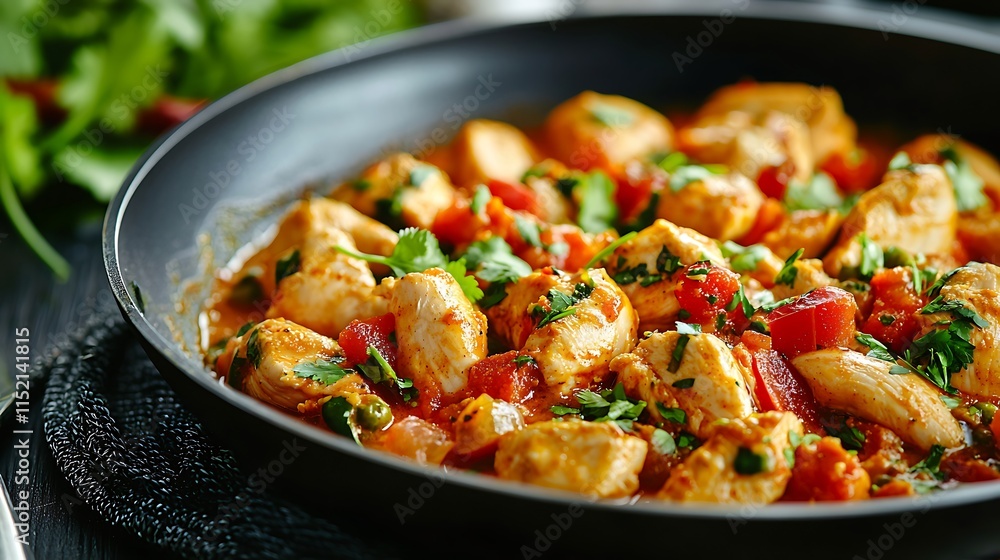 Delicious chicken stew with tomatoes, onions, and herbs in a dark pan. Delicious chicken stew with tomatoes, onions, and herbs in a dark pan.