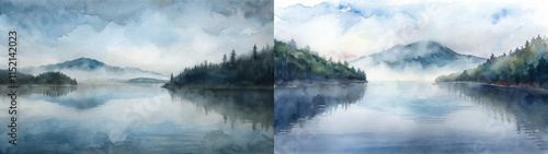 Tranquil watercolor painting featuring misty mountains and reflective waters under a cloudy sky.