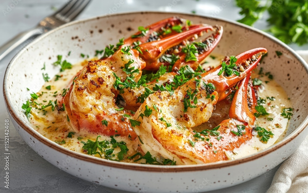 Fancy crab legs with butter sauce and parsley, elegant dining setting Fancy crab legs with butter sauce and parsley, elegant dining setting