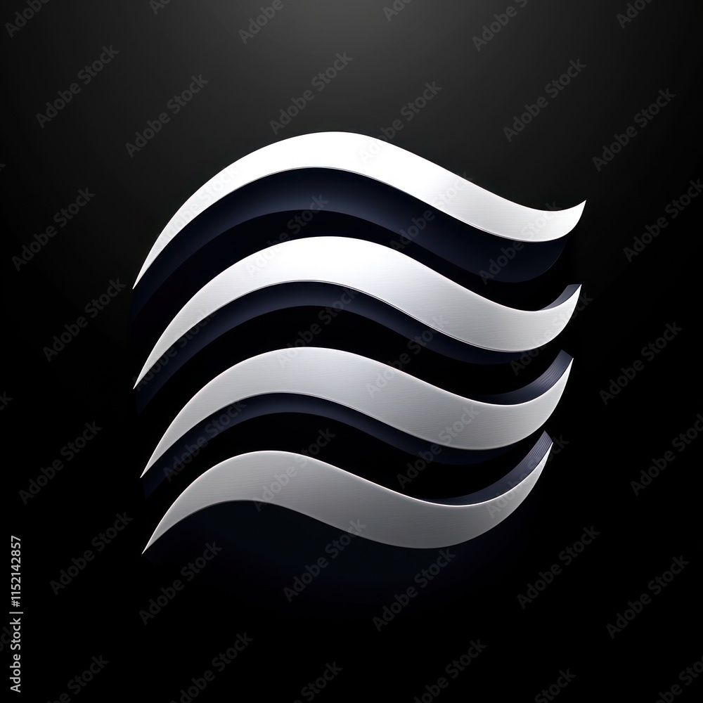Abstract 3D wavy lines design, silver and white on black background.