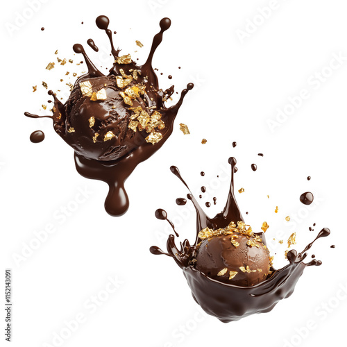 Chocolate ice cream splashes with gold flakes  
