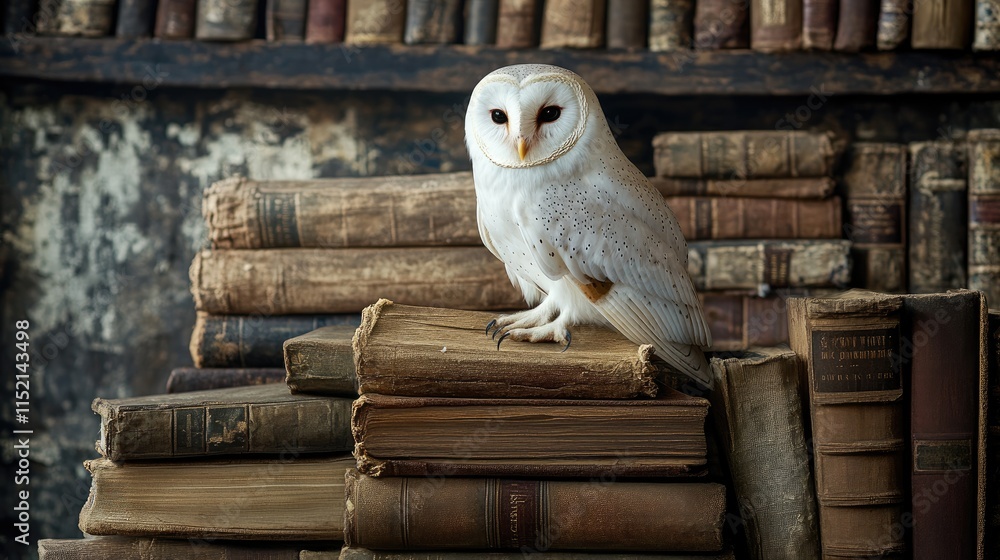 Obraz premium White owl on a stack of aged books, surrounded by subtle shadows, offering a sense of mystery and wisdom.