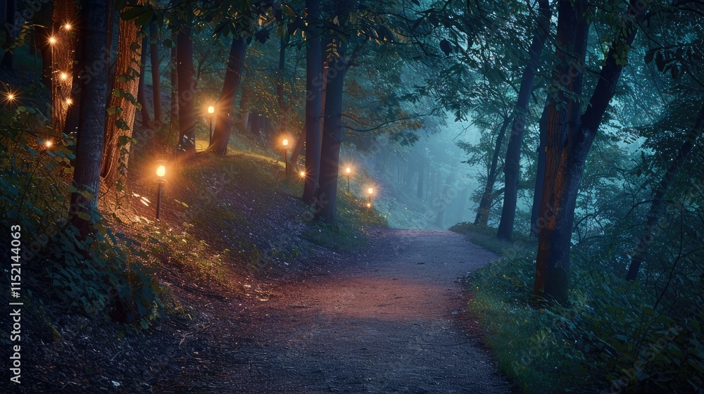 Fototapeta premium A tranquil path through the woods, lit by softly glowing path lights