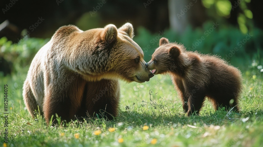 Obraz premium A brown bear and its cub share a tender moment in a grassy field.