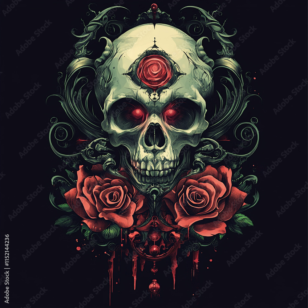 Skull and Rose Back illustration Skull and Rose Back illustration