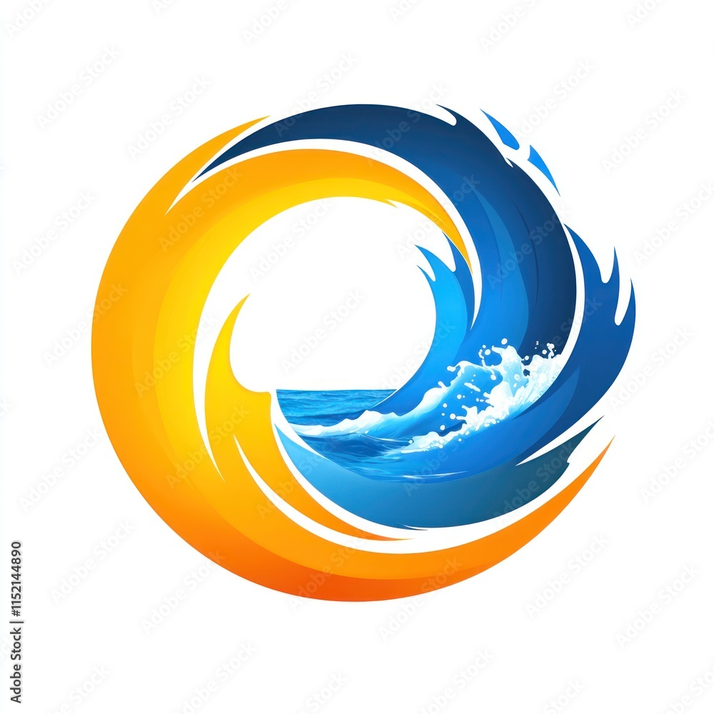 Naklejka premium Abstract circular design featuring swirling orange and blue waves, symbolizing energy and water.