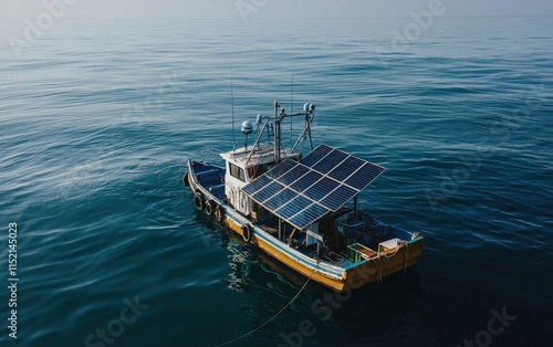 Solar panels on a fishing boat in the middle of a calm ocean photo