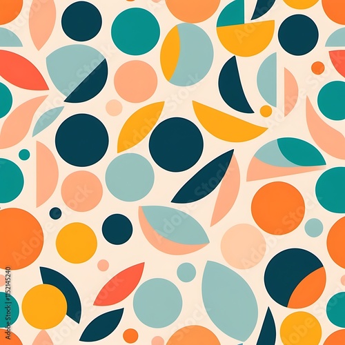 Joyful Abstract Shapes Pattern: A vibrant and playful seamless pattern featuring an array of colorful circles, semi-circles, and organic shapes in a mid-century modern style.