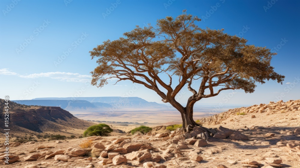 Solitary Desert Tree Overlooking Expansive Canyon Landscape Under a Vivid Blue Sky Solitary Desert Tree Overlooking Expansive Canyon Landscape Under a Vivid Blue Sky