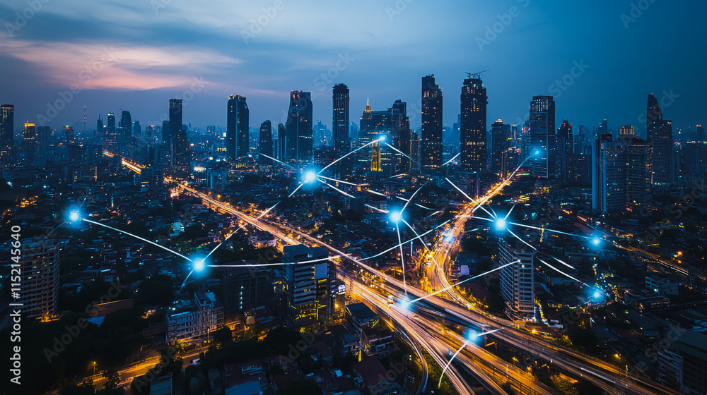 Fototapeta premium Smart digital city with connection cyber security network reciprocity over the cityscape . future smart wireless digital city and social media networking systems that connects people within the city