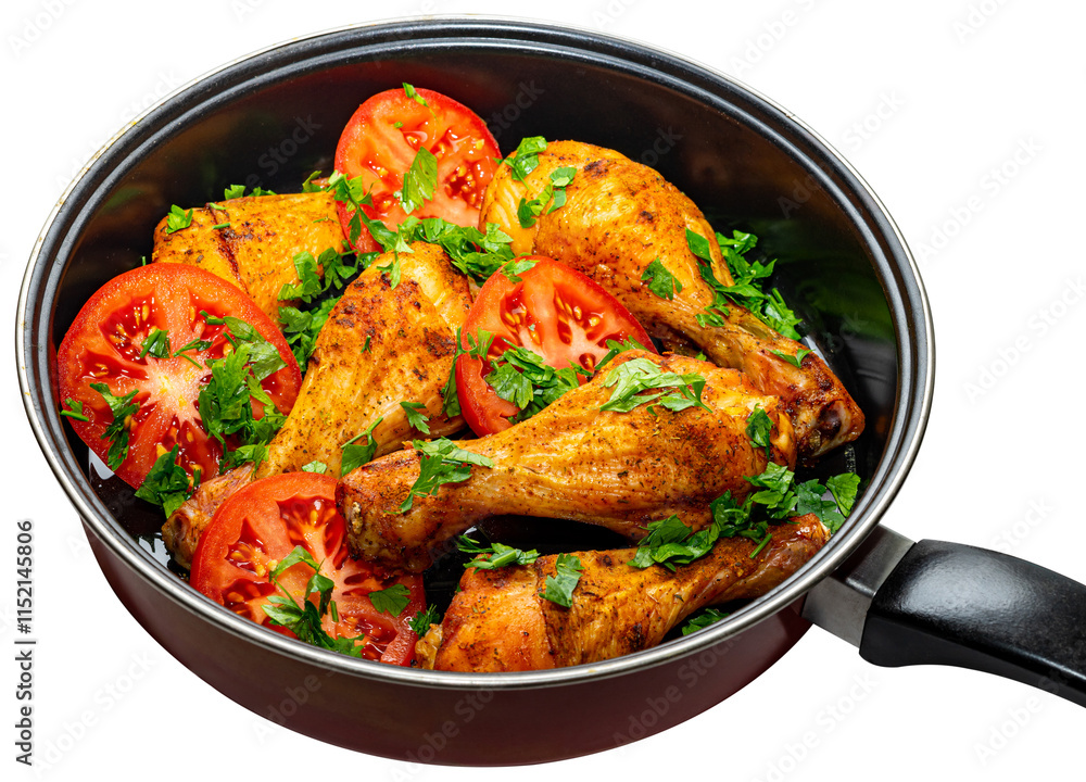 Fototapeta premium Delicious chicken drumsticks with fresh tomatoes and herbs in a skillet