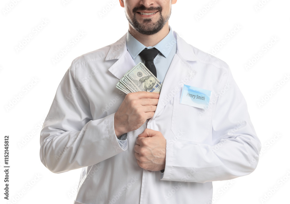 Corruption concept. Doctor putting dollar banknotes into his coat on white background, closeup Corruption concept. Doctor putting dollar banknotes into his coat on white background, closeup