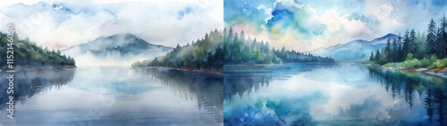 Lush watercolor landscape featuring mountains and a calm lake reflecting the sky.