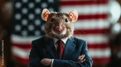 In this imaginative scene, a rat in a suit stands confidently before the USA flag, representing themes of unexpected leadership and political aesthetics in modern art. photo