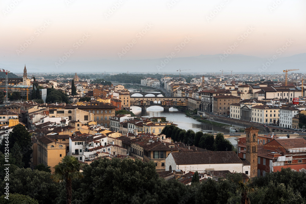 Fototapeta premium Panorama of Florence at sunrise from Michelangelo Square. The best view in the world.