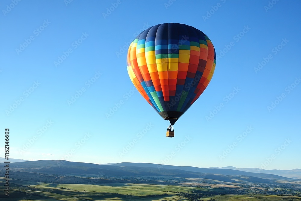 Naklejka premium vibrant hot air balloon rising into clear blue sky over sprawling green valley