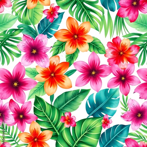 Tropical Watercolor Floral Pattern: Vibrant hibiscus flowers and lush tropical foliage create a seamless pattern, perfect for summer designs, textiles, and digital projects. 