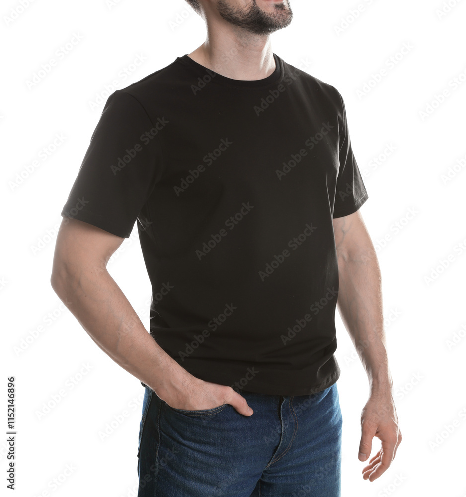 Man in blank black t-shirt on white background, closeup. Mockup for design Man in blank black t-shirt on white background, closeup. Mockup for design