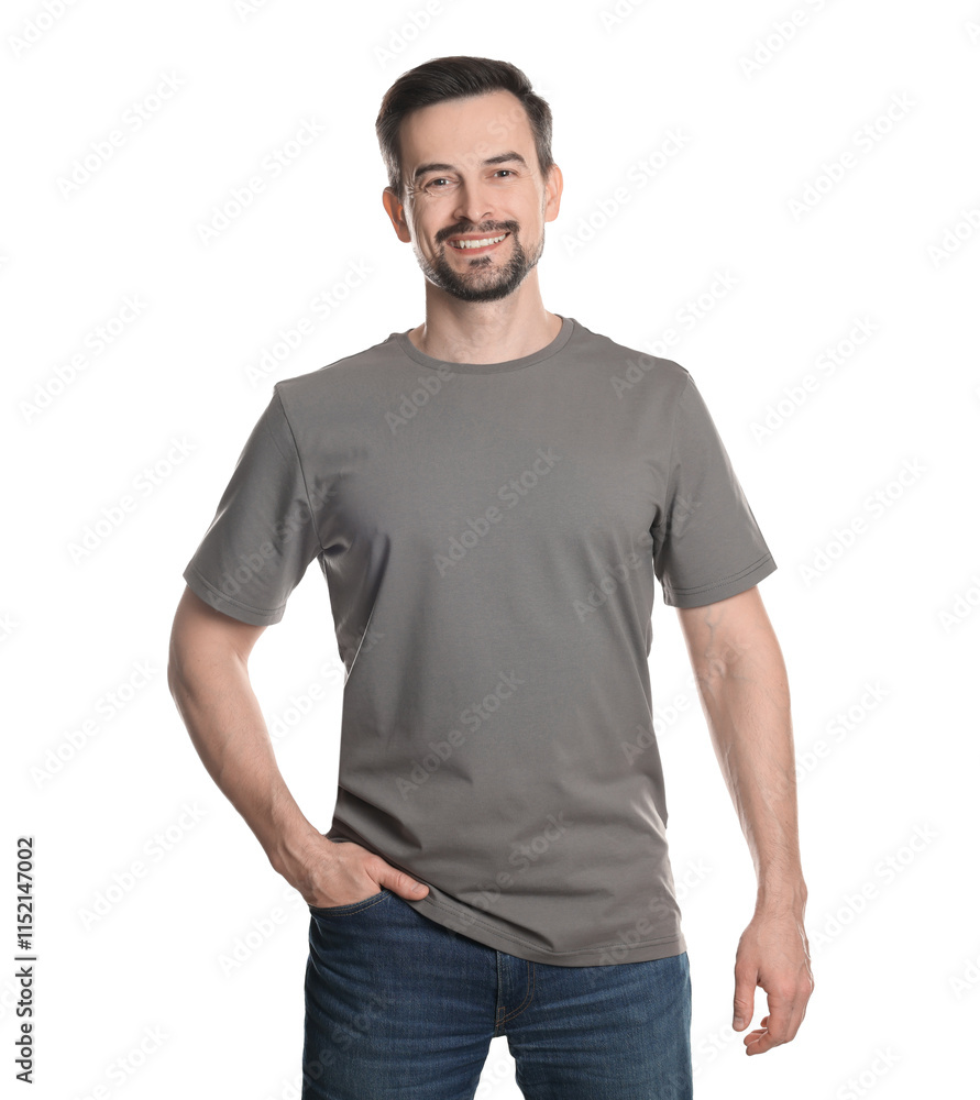 Man in blank grey t-shirt on white background. Mockup for design Man in blank grey t-shirt on white background. Mockup for design