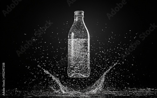 A bottle of mineral water hovering mid-air with natural condensation, on a bold black background