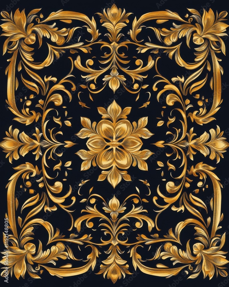 Intricate floral pattern in gold against a deep black background, exuding elegance and sophistication. Intricate floral pattern in gold against a deep black background, exuding elegance and sophistication.