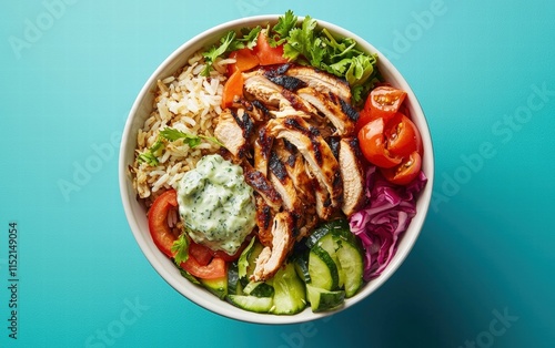 A chicken shawarma bowl levitating mid-air with rice, grilled veggies, and tzatziki sauce, on a turquoise background