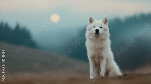 A majestic white dog sitting in a misty meadow with a serene forest backdrop under a soft twilight, capturing the essence of calm and wilderness.