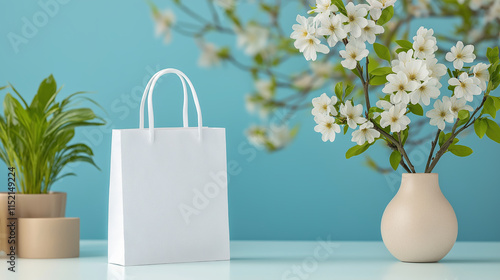 A clean and bright workspace featuring a white shopping bag, plants, and blooming flowers, creating a fresh and inviting atmosphere. photo