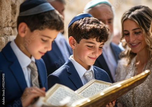 Jewish boys in traditional attire celebrating bar mitzvah ceremony