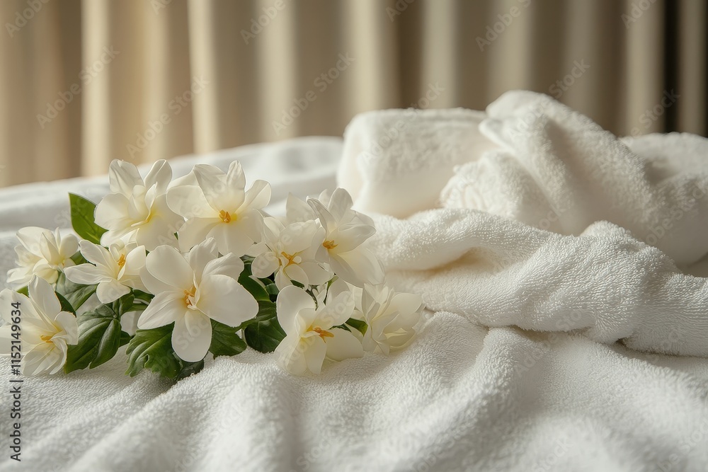 A white towel with a bunch of white flowers on it A white towel with a bunch of white flowers on it