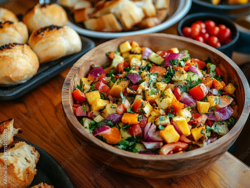 Vibrant Salad and Fresh Bread on Rustic Wooden Table - Perfect for Community Cooking Meetups Vibrant Salad and Fresh Bread on Rustic Wooden Table - Perfect for Community Cooking Meetups