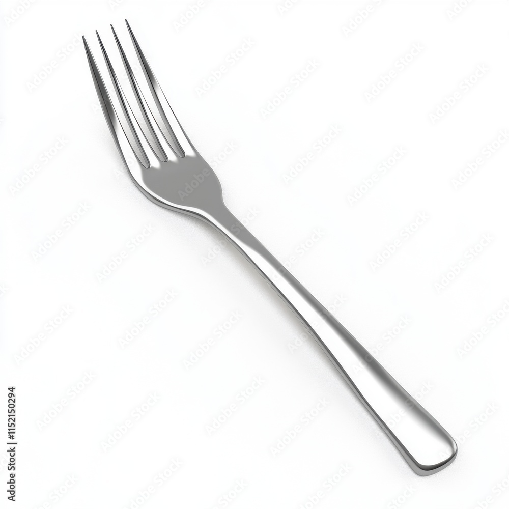 A sleek, stainless steel fork lying against a clean white background, showcasing its elegant design. A sleek, stainless steel fork lying against a clean white background, showcasing its elegant design.