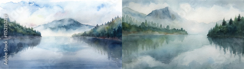 Ethereal watercolor landscape with foggy mountains and a still lake reflecting the scenery.