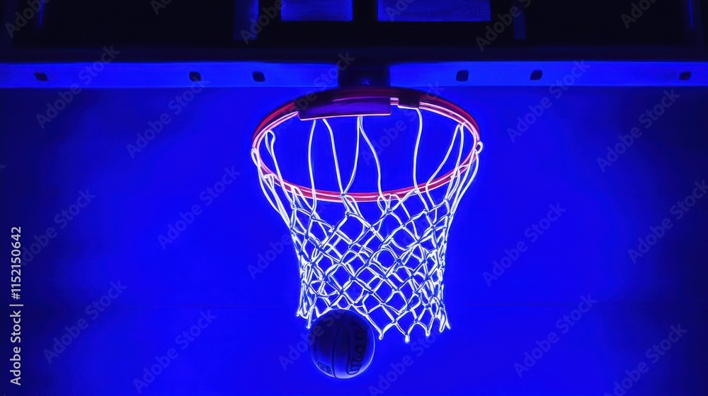 A close-up view of a basketball hoop illuminated by vibrant blue lights, featuring a basketball in mid-air. A close-up view of a basketball hoop illuminated by vibrant blue lights, featuring a basketball in mid-air.