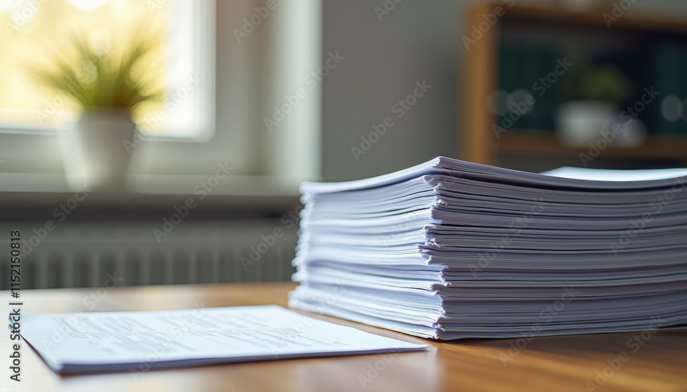 High Stack of Documents on a Wooden Desk High Stack of Documents on a Wooden Desk