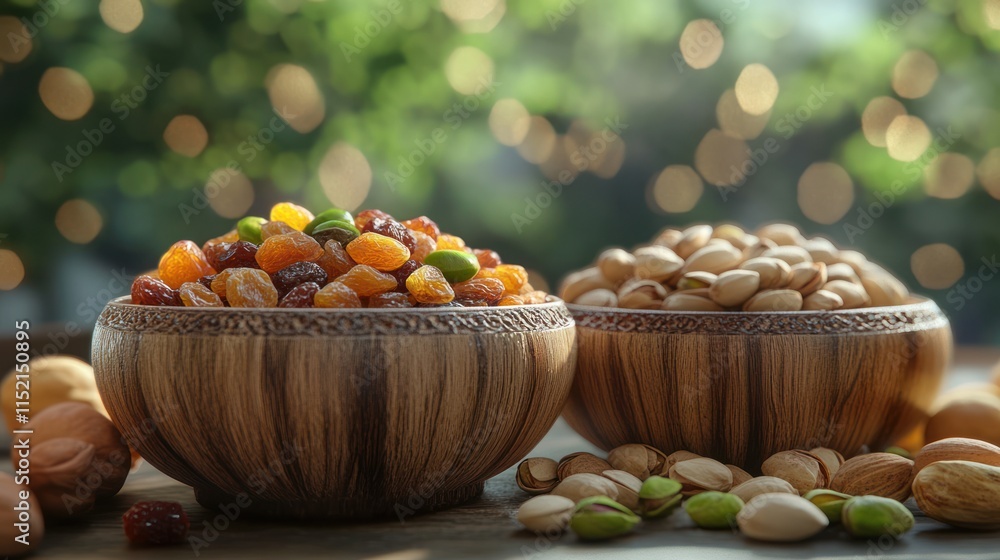 Naklejka premium Wooden bowls filled with raisins and pistachios.