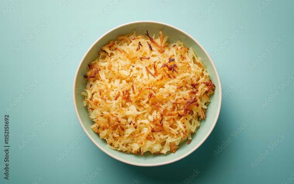 A dish of hash browns with visible crispy edges, on a light blue background