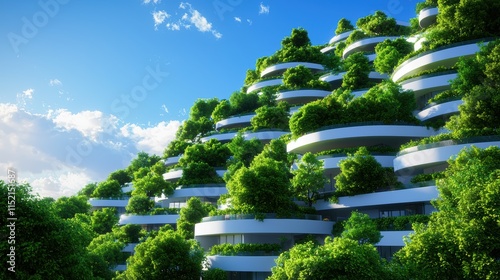 A modern hillside building integrated with green vegetation, showcasing sustainable architecture against a clear blue sky.