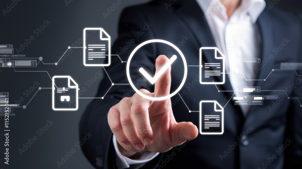 Businessman hand point to tick correct sign mark in checkbox for quality document control checklist and business approve project concept. Businessman hand point to tick correct sign mark in checkbox for quality document control checklist and business approve project concept.