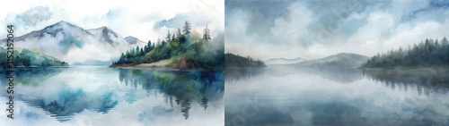 Captivating watercolor artwork of a calm lake reflecting mountains and evergreen trees under a cloudy sky.