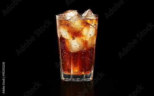 A dynamic shot of cola in a tall glass with ice and visible bubbles, on a bold black background