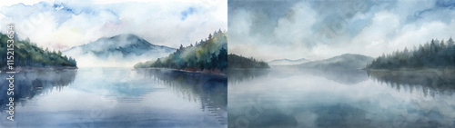 Serene watercolor landscape featuring misty mountains and calm reflective waters.