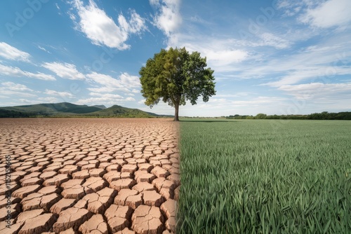 Wallpaper Mural The image contrasts a barren, dry landscape on one side with a lush, green field on the other, highlighting the impact of climate and land management. Torontodigital.ca