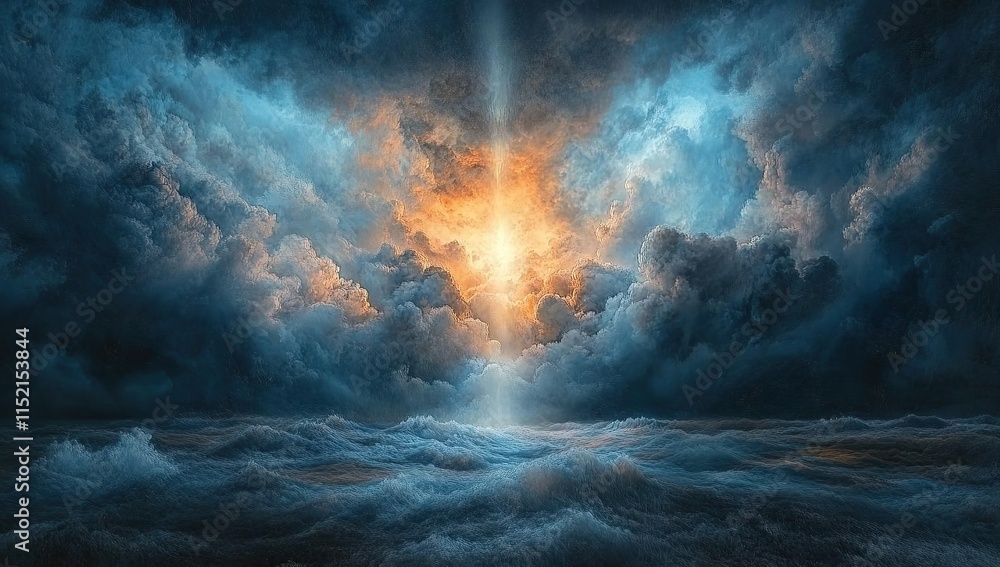 Fototapeta premium A beam of light shining through the clouds, creating an ethereal and divine atmosphere