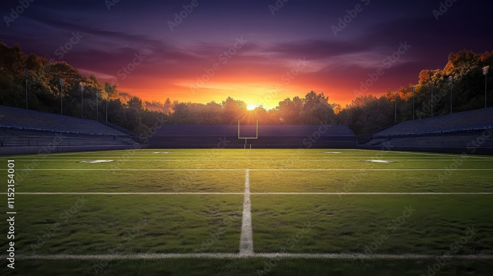 A vibrant sunset casts warm hues over an empty football field, highlighting the goalposts and lush green grass. A vibrant sunset casts warm hues over an empty football field, highlighting the goalposts and lush green grass.