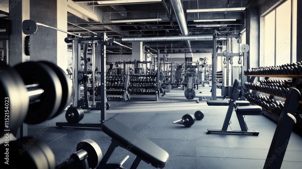 Fototapeta premium A spacious, modern gym interior featuring various exercise equipment, emphasizing strength training and fitness.