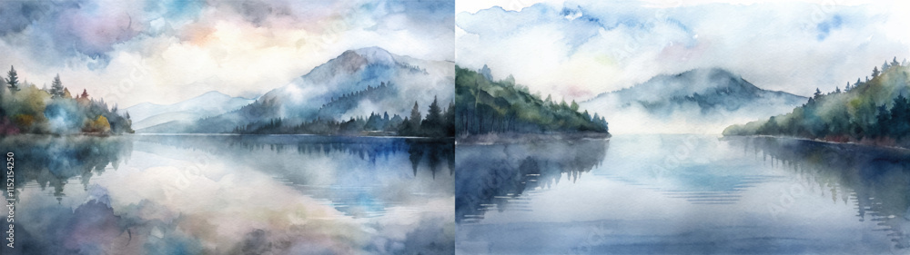 Fototapeta premium Serene watercolor landscape featuring misty mountains and a tranquil lake reflecting soft hues.