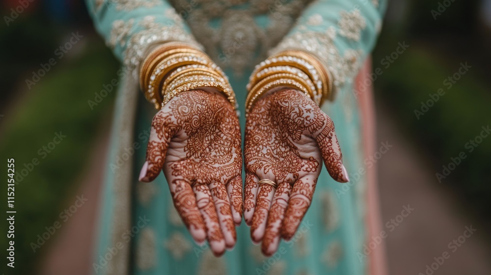 Close-up of hands adorned with intricate henna patterns and gold bangles. Close-up of hands adorned with intricate henna patterns and gold bangles.